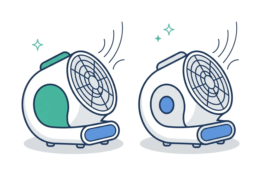 건조 송풍기 아이콘, 바닥에 설치해 공기를 흘려보내는 air mover 두 대