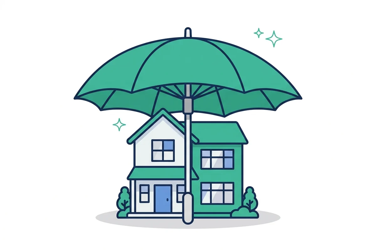Mortgage 보호 아이콘, 큰 우산 아래 안전하게 지켜지는 가족의 집
